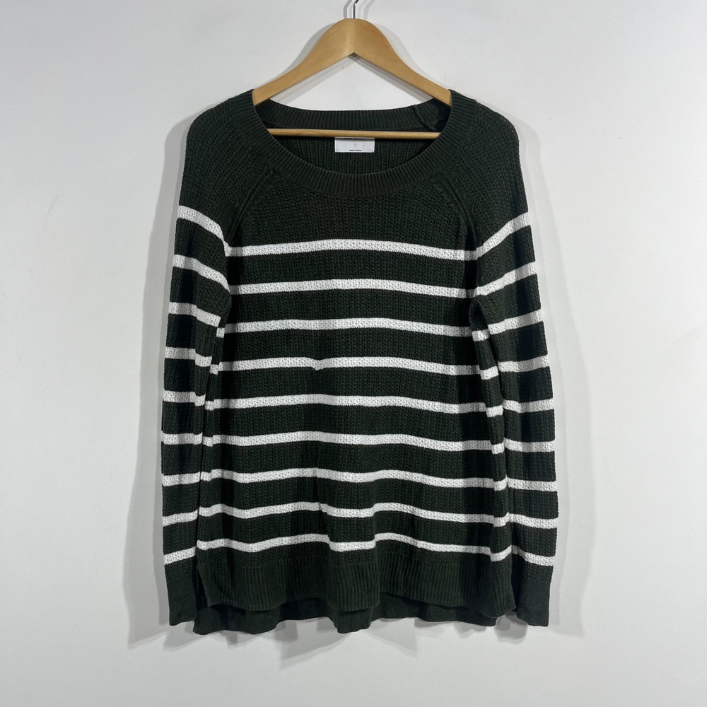 Old Navy Fisherman Granola 90s Green White Striped Knit Sweater Womens Large Y2K